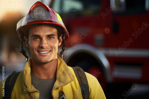 Captivating High-Resolution Image: Cheerful and Brave Firefighter with Helmet, Proudly Standing Before a Gleaming Fire Truck, Ready to Serve and Protect.