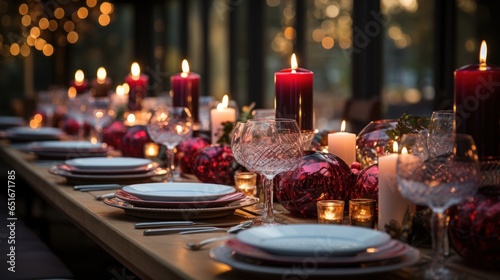 Luxury dinner pacesetting with porcelain plates, wine glasses, red candles and holiday decor