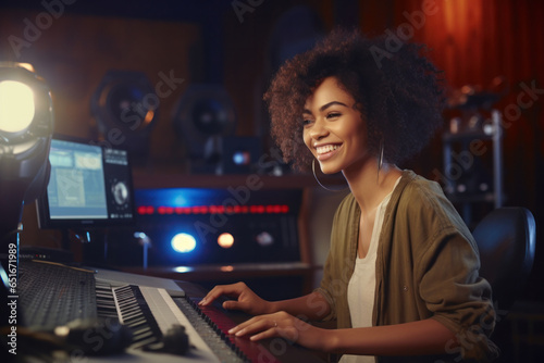 Inspirational Frame: Radiant African American Young Woman Musician, Immersed in Creativity, Gracing the Music Studio with Her Charm and Artistic Passion.