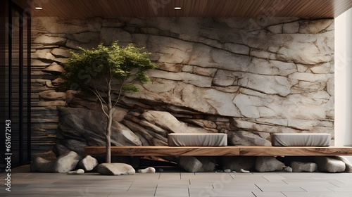 Wild stone cladding wall and wooden bench. Decorative tree trunks composition in minimalist style interior design of modern entrance hal. Generate AI