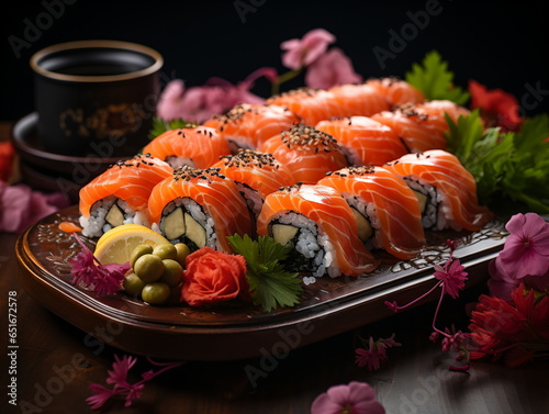 Sushi and fried garlic shrimps, prawn on a stone plate with black background