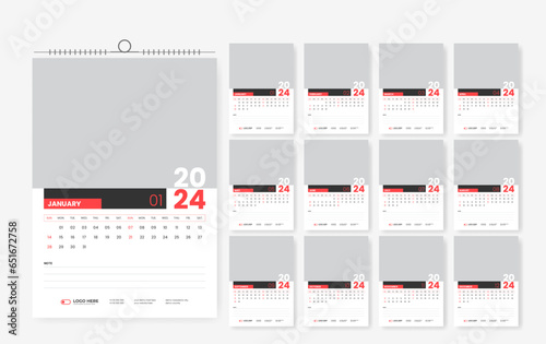 2024 wall calendar template design, 12-page modern print-ready calendar layout template