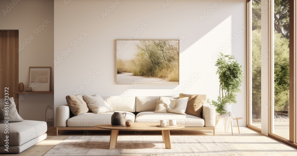 Fototapeta premium Minimalist home interior, with plenty of natural light and earthy tones