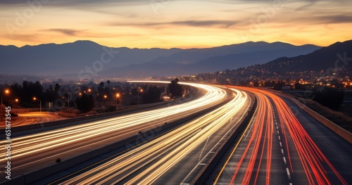 Cars leaving streaks of light on a busy highway, captured with long exposure