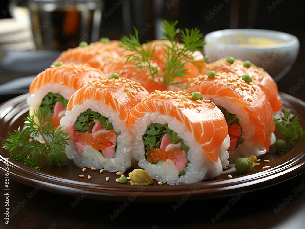 Sushi and fried garlic shrimps, prawn on a stone plate with black background Sushi and fried garlic shrimps, prawn on a stone plate with black background