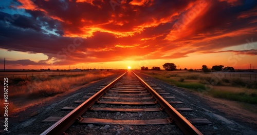 Long stretch of railroad tracks, leading into a dramatic sunset with clouds painting the sky