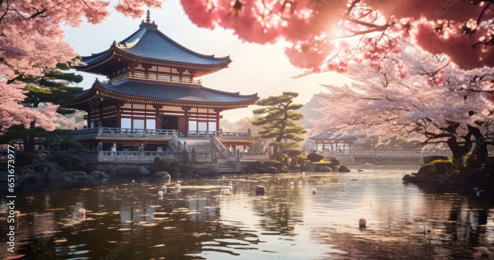 Cherry blossoms in full bloom, with a traditional Japanese temple in the background Cherry blossoms in full bloom, with a traditional Japanese temple in the background