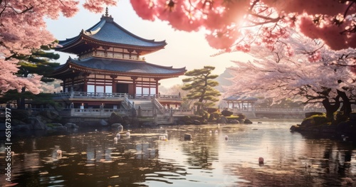 Cherry blossoms in full bloom  with a traditional Japanese temple in the background