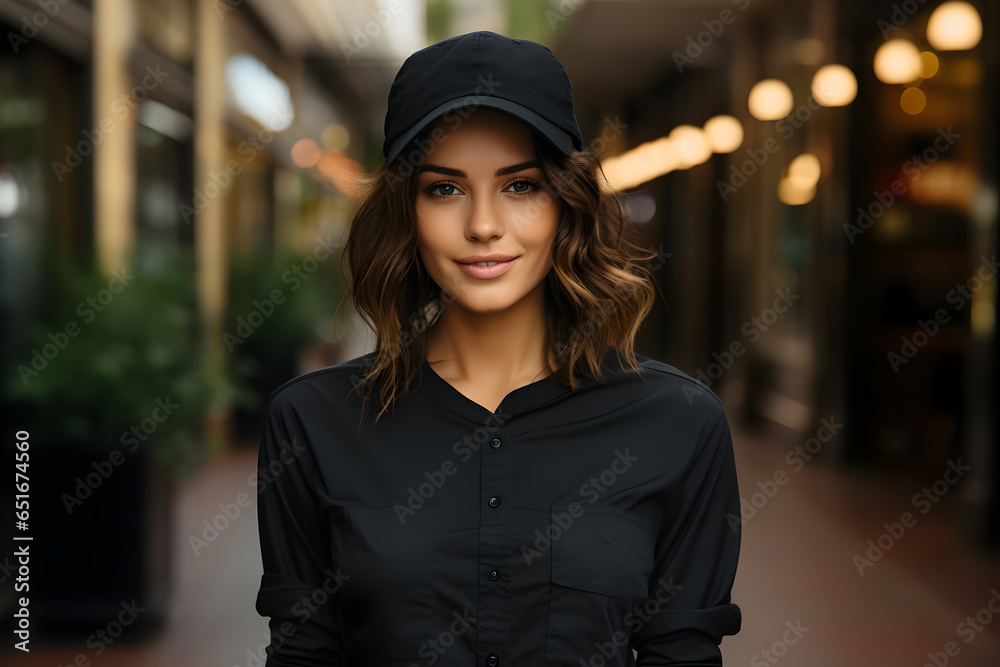City Street Charm Latin Female Model in a Classic Black Cotton T-Shirt and Cap
