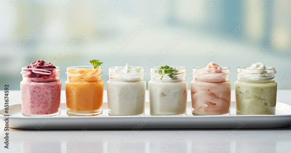 Selection of probiotic-rich foods like yogurt, kefir, and sauerkraut - obrazy, fototapety, plakaty 