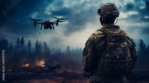 a military man controls a small drone. AI generative