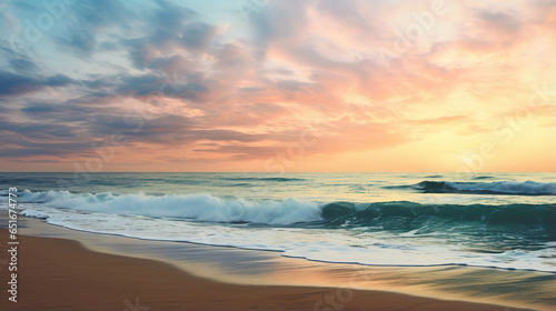 panoramic view of a serene beach at sunrise, with waves gently lapping the shore, generative ai 