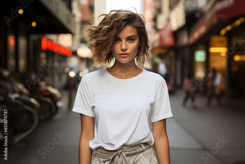 Urban Style Female Model Rocking a Classic White Cotton T-Shirt on the City Streets