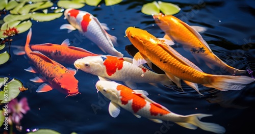 Majestic koi fish gracefully swimming in a clear pond, with vibrant colors and patterns on display