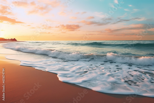 panoramic view of a serene beach at sunrise, with waves gently lapping the shore, generative ai 