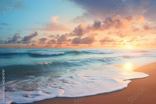 panoramic view of a serene beach at sunrise, with waves gently lapping the shore, generative ai  © vvalentine