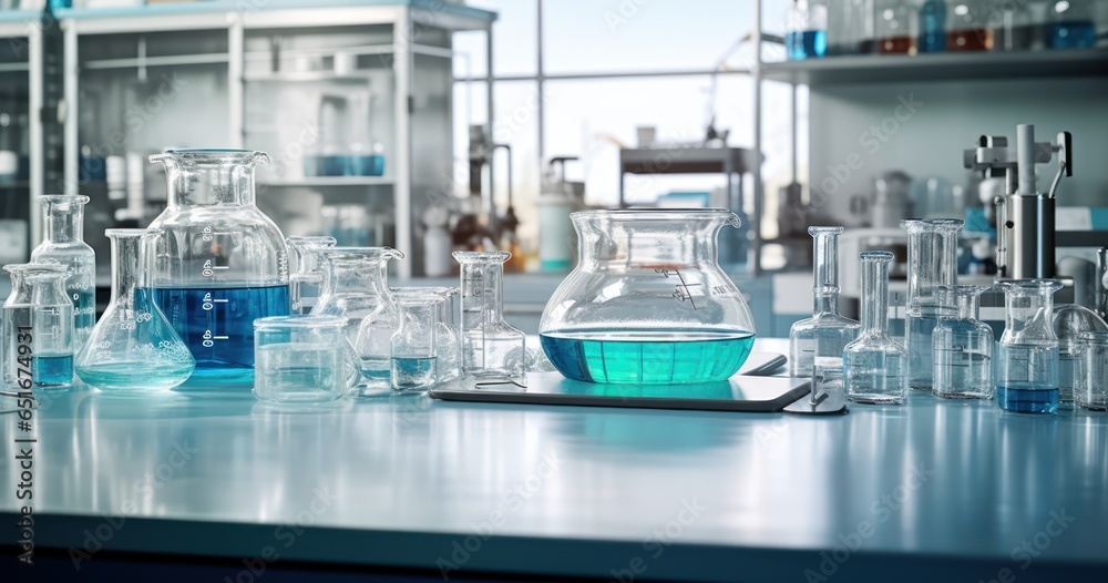 Naklejka premium Laboratory bench with glassware, chemicals, and scientific instruments