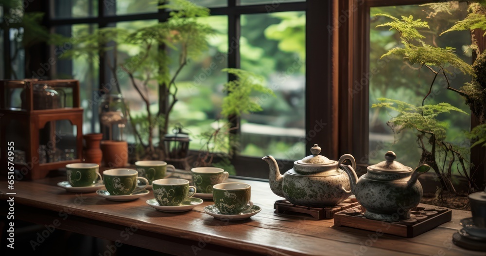 Inside a cozy tea house, where tea is being poured into delicate porcelain cups Inside a cozy tea house, where tea is being poured into delicate porcelain cups