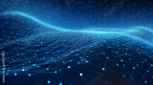 Smooth mesh and waves - abstract blue geometric digital technology background.  Concept for neural network, big data, communication, data stream, cyber data flow,  AI, cloud computing. Generative AI