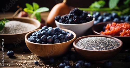 Spread of various superfoods like chia seeds, quinoa, and blueberries on a wooden table