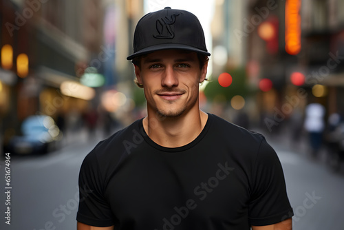 Latin Male Model Rocking a Classic Black Cotton T-Shirt and Cap on the City Streets