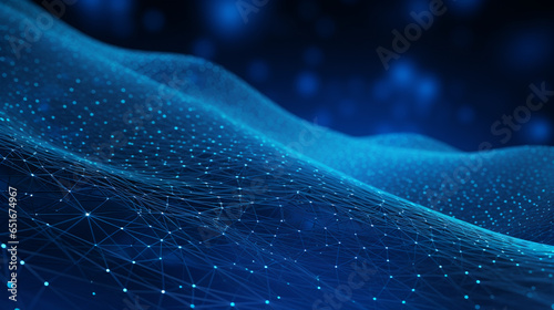 Smooth mesh and waves - abstract blue geometric digital technology background.  Concept for neural network, big data, communication, data stream, cyber data flow,  AI, cloud computing. Generative AI