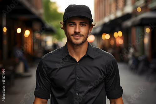 Latin Male Model Rocking a Classic Black Cotton T-Shirt and Cap on the City Streets © Benasi Tharanga