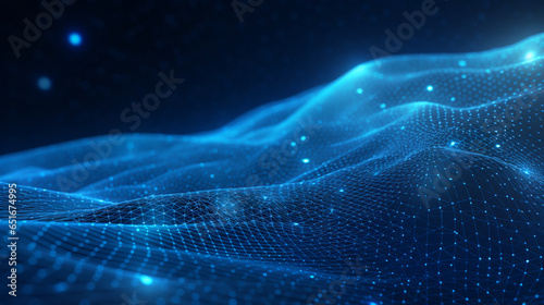 Smooth mesh and waves - abstract blue geometric digital technology background.  Concept for neural network, big data, communication, data stream, cyber data flow,  AI, cloud computing. Generative AI