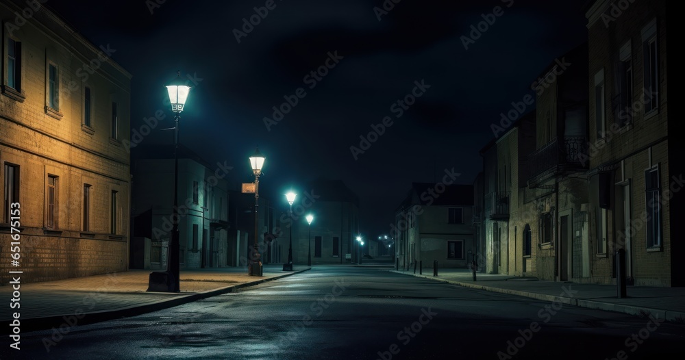 Desolate street at night illuminated only by a lone streetlamp
