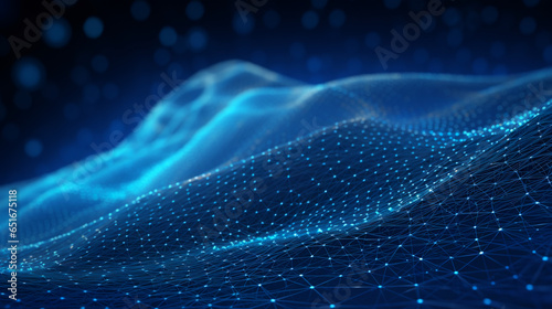 Smooth mesh and waves - abstract blue geometric digital technology background.  Concept for neural network, big data, communication, data stream, cyber data flow,  AI, cloud computing. Generative AI