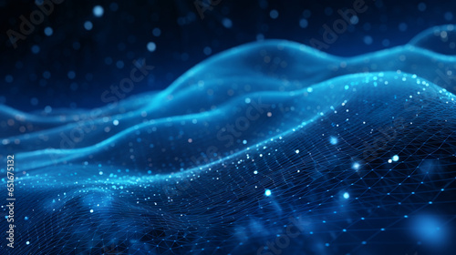Smooth mesh and waves - abstract blue geometric digital technology background. Concept for neural network, big data, communication, data stream, cyber data flow, AI, cloud computing. Generative AI