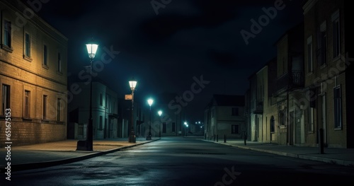 Desolate street at night illuminated only by a lone streetlamp