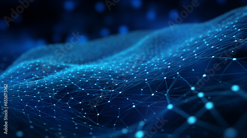 Smooth mesh and waves - abstract blue geometric digital technology background.  Concept for neural network, big data, communication, data stream, cyber data flow,  AI, cloud computing. Generative AI