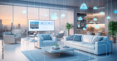 Modern living room showcasing various smart home devices