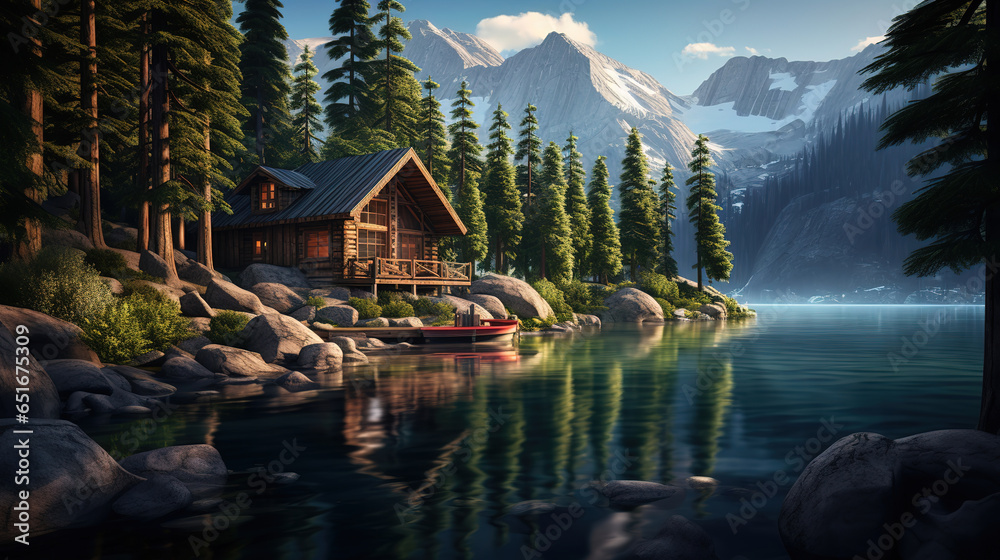 Fototapeta premium serene lakeside cabin surrounded by tall pine trees and the reflection of the mountains on the water's surface, generative ai 