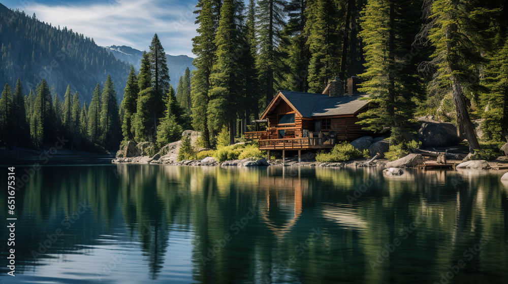 serene lakeside cabin surrounded by tall pine trees and the reflection of the mountains on the water's surface, generative ai serene lakeside cabin surrounded by tall pine trees and the reflection of the mountains on the water's surface, generative ai