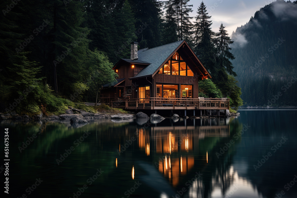 Fototapeta premium serene lakeside cabin surrounded by tall pine trees and the reflection of the mountains on the water's surface, generative ai 