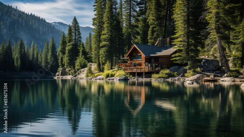 serene lakeside cabin surrounded by tall pine trees and the reflection of the mountains on the water's surface, generative ai 