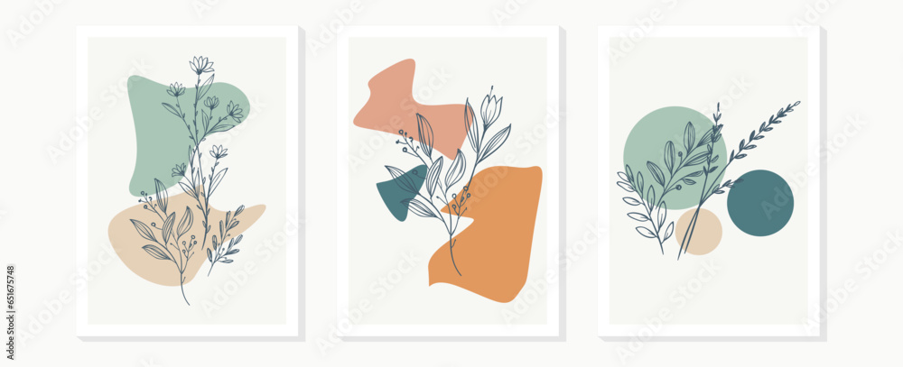 Botanical wall art vector set. Minimal and natural wall art. Foliage line art drawing with abstract shape. Abstract Plant Art design for print, cover, wallpaper, Vector illustration.
