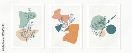 Botanical wall art vector set. Minimal and natural wall art. Foliage line art drawing with abstract shape. Abstract Plant Art design for print, cover, wallpaper, Vector illustration. © Zultiar