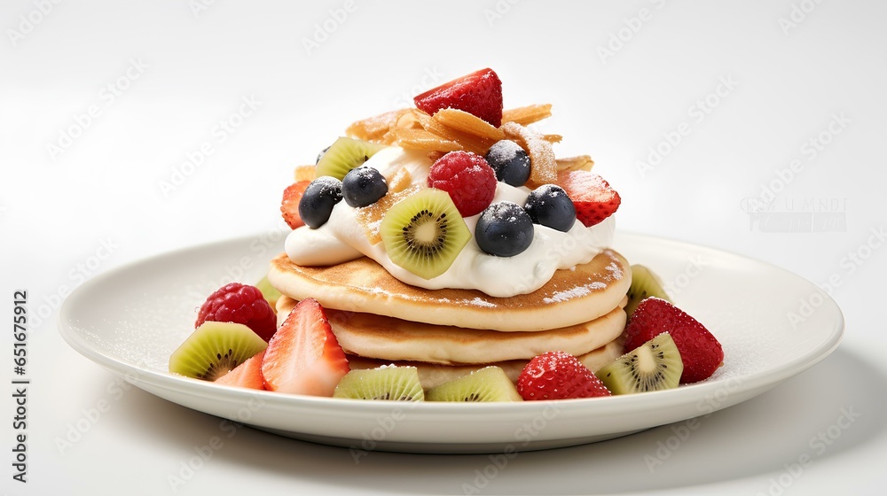 a pancakes with fresh fruit topping, isolated on solid white background. generative AI