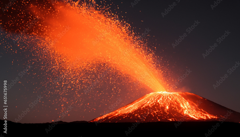 Burning lava and smoke from a volcano, a volcanic eruption at night. - obrazy, fototapety, plakaty 