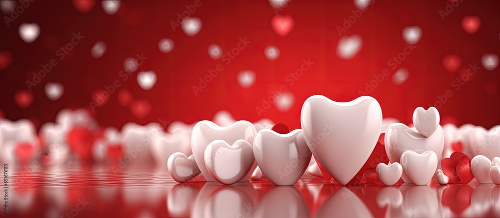 Red background with white teeth and hearts Dental Valentine card Valentine s day idea - obrazy, fototapety, plakaty 