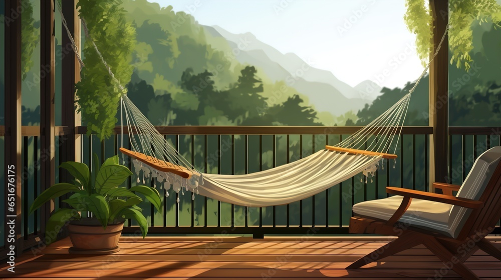Interior of a cozy balcony with a hammock and a view of the mountain landscape