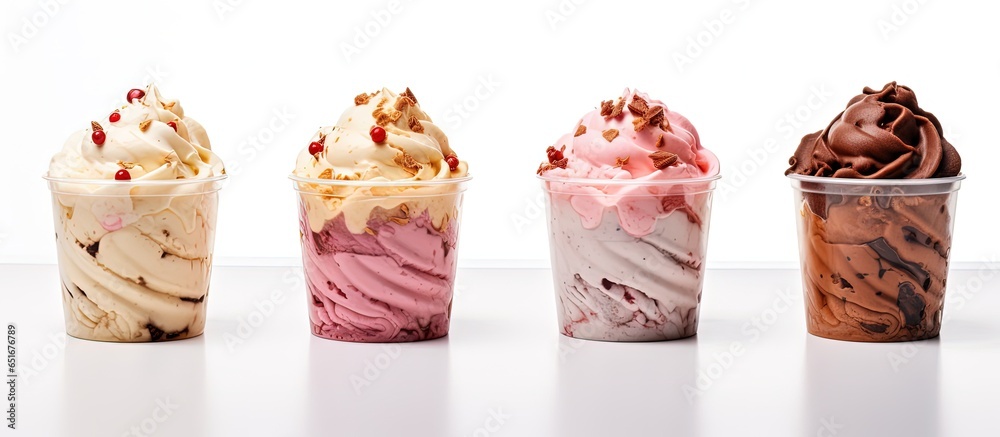Soft serve ice cream swirls in plastic cups on a white background ...