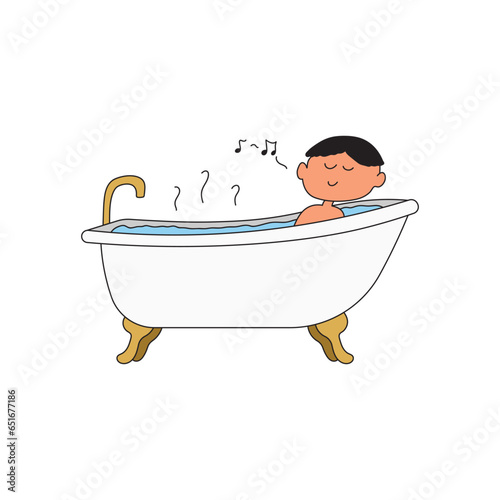 Cartoon Vector illustration boy takes a bath in the tub icon in doodle style