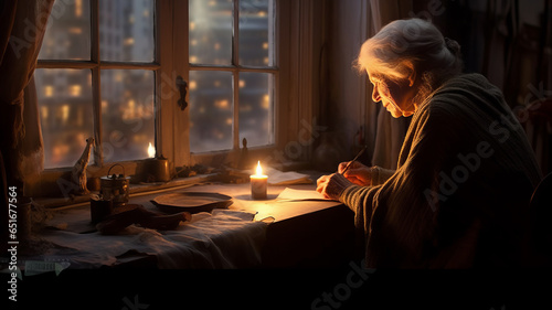 an old woman at the window on the table a candle burns through the window.