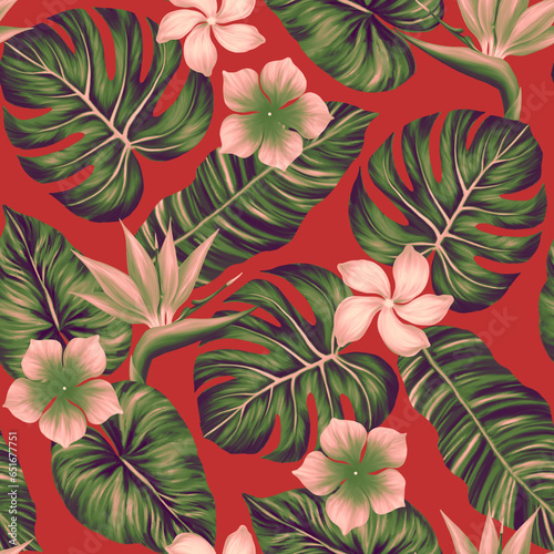 Tropical seamless pattern. Colorful vivid print with beautiful palm jungle leaves and flowes. Repeated luxury design for packaging, cosmetic, fashion, textile, wallpaper. Realistic high quality