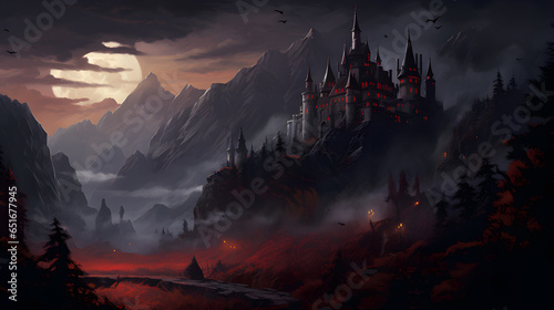 Illustration of a gloomy gothic castle. Black red. Halloween.