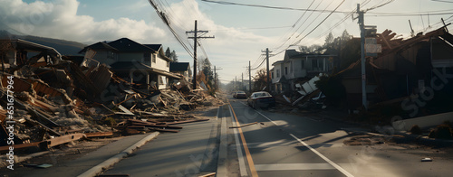 Destroyed buildings. Broken road. Pieces of asphalt. Apocalypse. Earthquake. 
Sunset lighting.